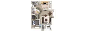 A 3D floor plan of a house showing a kitchen, living room, and two bedrooms.