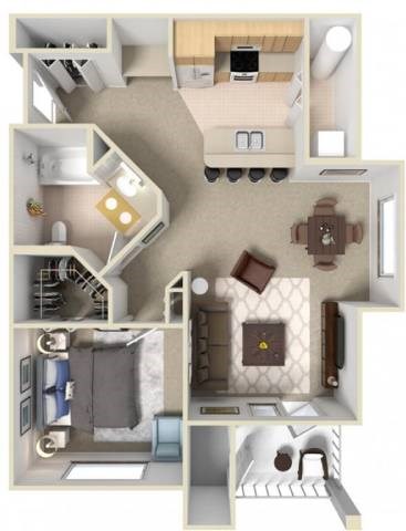 A 3D floor plan of a house showing a kitchen, living room, and two bedrooms.