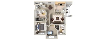 A 3D floor plan of a house with a kitchen, living room, and bedrooms.
