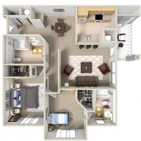 A 3D floor plan of a house with a kitchen, living room, and bedrooms.