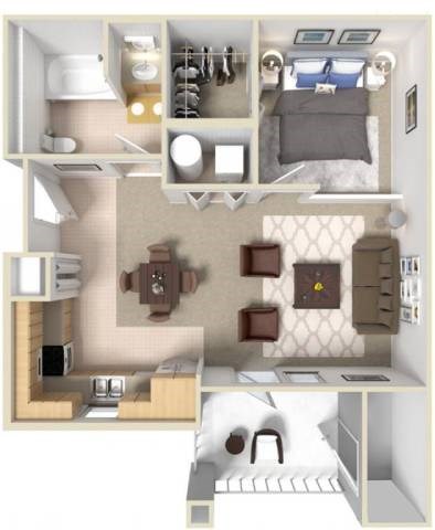 A 3D floor plan of a small apartment with a kitchen, living room, and bedroom.