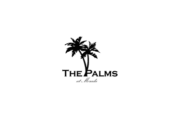A logo with a palm tree and the words "The Palms" in black.