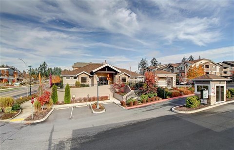 A street view of a residential area with houses and trees.