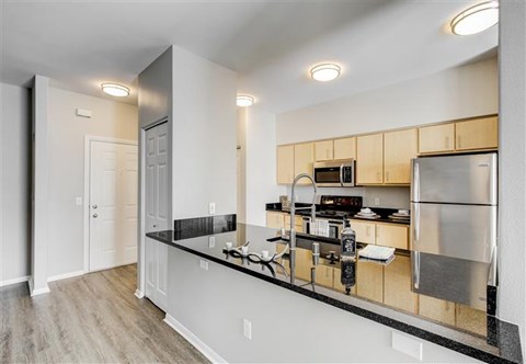 A modern kitchen with a stainless steel refrigerator and a black countertop.