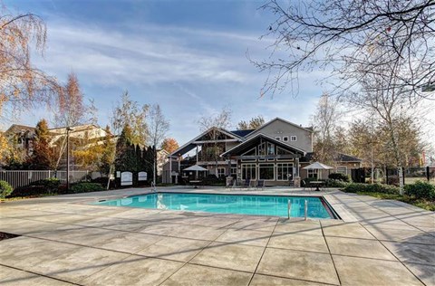 A large house with a pool in the backyard.