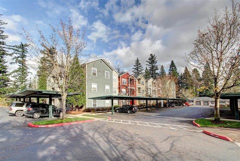 A parking lot with a building and trees in the background.