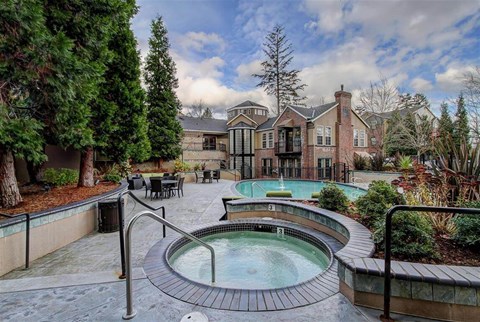A hot tub sits in the middle of a patio surrounded by trees.