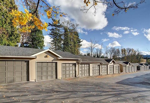A row of garage doors are closed.