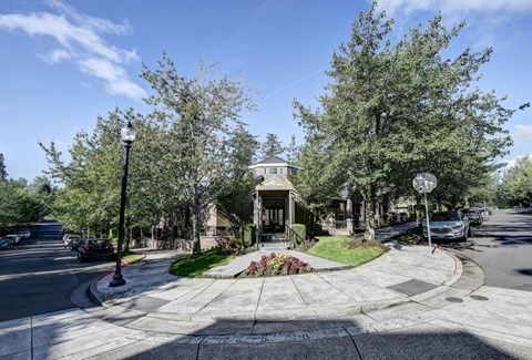 A street view with a house, trees, and a pedestrian crossing.