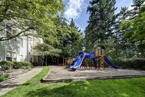 A playground with a blue slide in the middle of a grassy area.