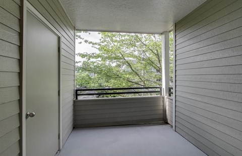 A white door is on the left of a balcony with a view of trees.