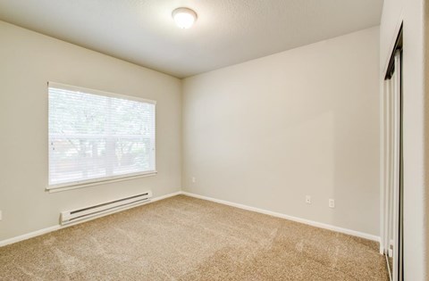 A room with a window and a carpeted floor.