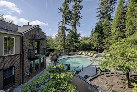 A pool surrounded by trees and a building.