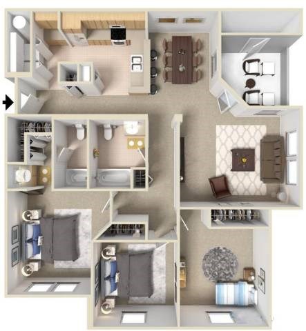 A floor plan of a small apartment with a kitchen, living room, and two bedrooms.