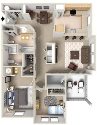 A floor plan of a two-bedroom apartment with a living room, kitchen, and bathroom.