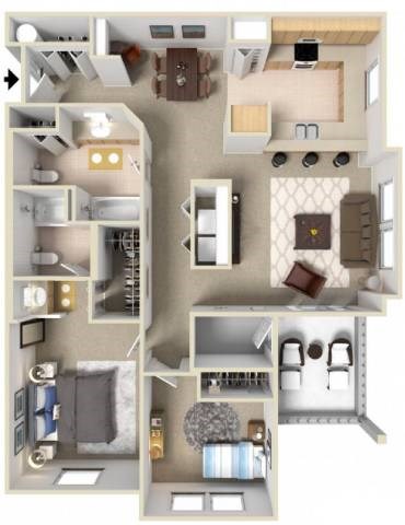 A top-down view of a small apartment layout with a kitchen, living room, and bedrooms.
