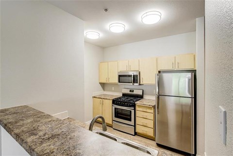 A kitchen with a granite countertop and stainless steel appliances.