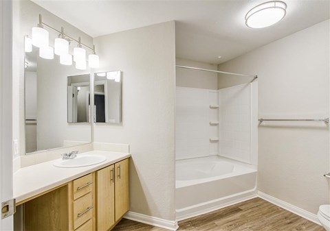 A white bathroom with a sink, mirror, and bathtub.