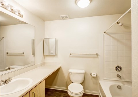 A white toilet sits in a bathroom next to a sink and a bathtub.