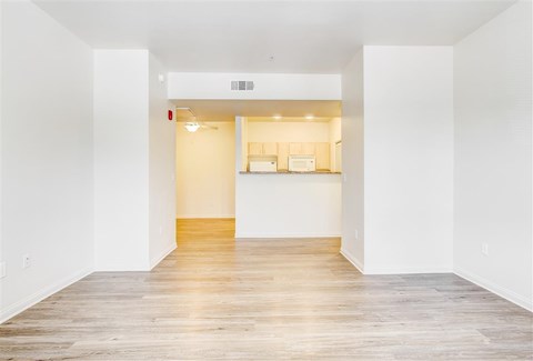 A room with a white wall and a wooden floor.