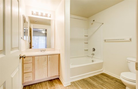 A white bathroom with a wooden floor and a white toilet.