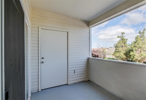 A white door is closed in a room with a window.