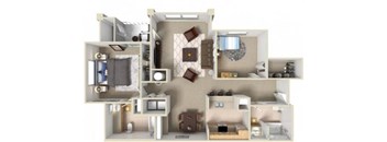 A 3D floor plan of a house with a kitchen, living room, and two bedrooms.