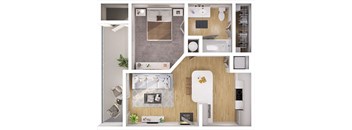 A collage of a small apartment layout with a kitchen, living room, and bathroom.