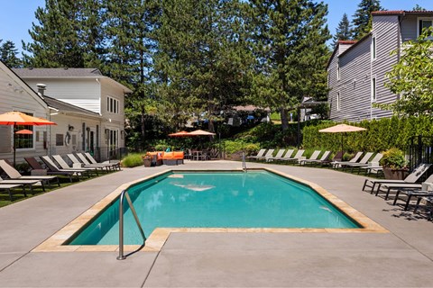 A swimming pool surrounded by lounge chairs and umbrellas.