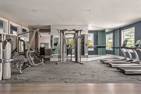 A gym with a variety of equipment including treadmills, weights, and exercise machines.