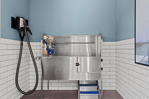 A stainless steel sink in a blue tiled bathroom.