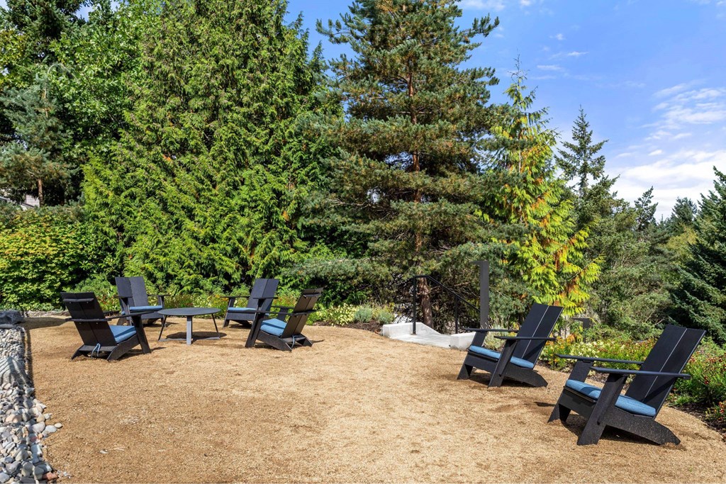 A set of six chairs are arranged in a circle on a lawn.