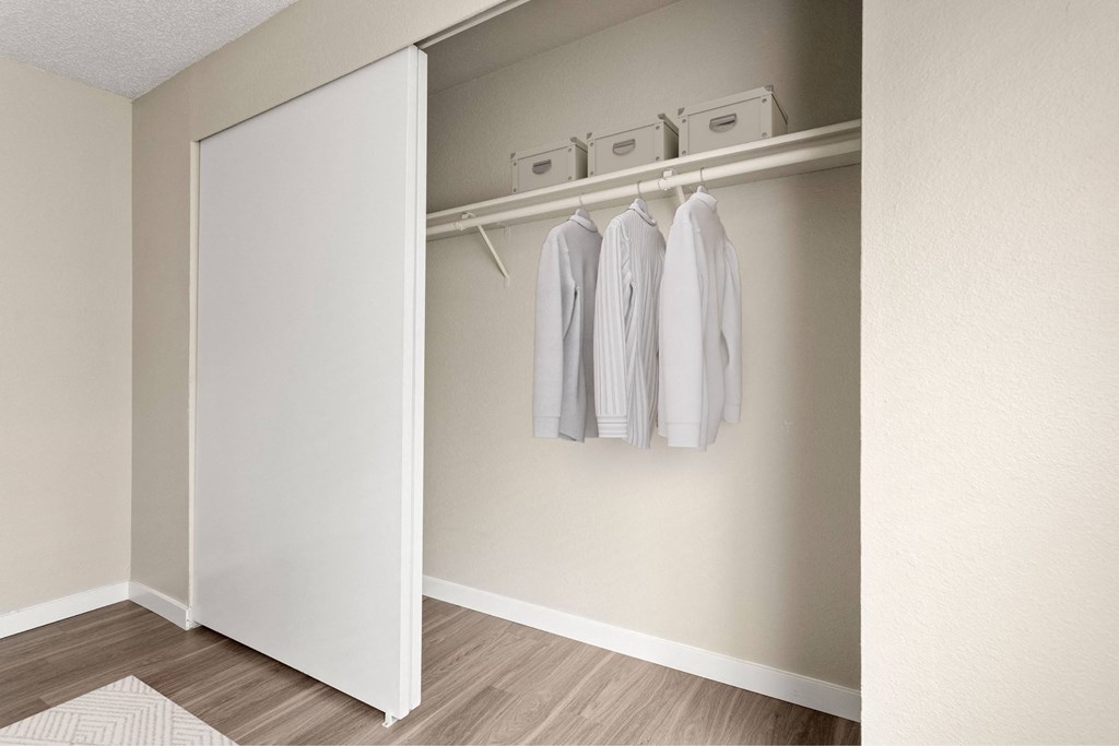 A white closet with clothes hanging and a white door.