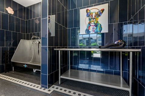 A bathroom with a stainless steel sink and a picture of a dog hanging on the wall.