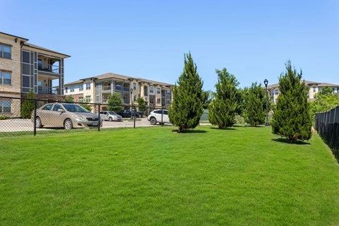 A grassy area in front of apartment buildings with cars parked in the background.