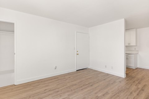 A room with a white door and a white cabinet.