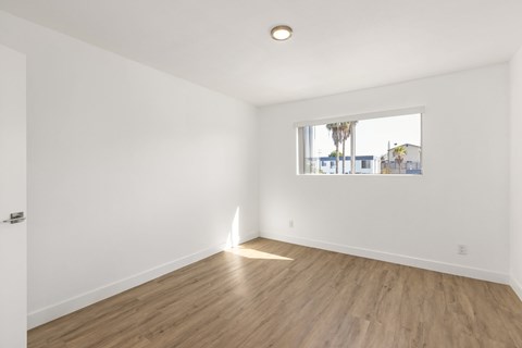 A room with wooden flooring and a window showing a view of a street with buildings and a palm tree.