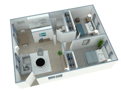 A 3D floor plan of a house with a living room, kitchen, dining room, and bedrooms.