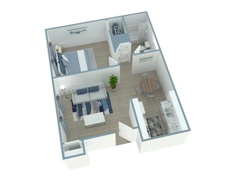 A 3D floor plan of a house with a living room, kitchen, and two bedrooms.