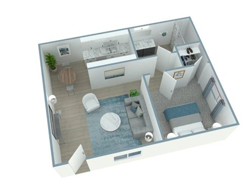 A 3D floor plan of a small apartment with a kitchen, living room, and bathroom.