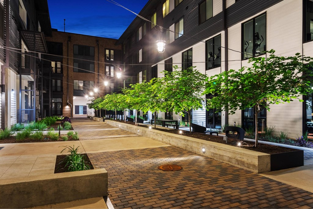 A city courtyard with a brick floor and a row of trees.