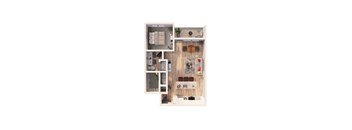 A dollhouse with a kitchen, living room, and bathroom.