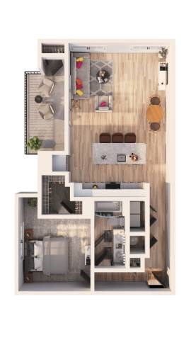 A top down view of a small apartment with a kitchen, living room, and bedroom.