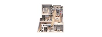 A 3D floor plan of a small apartment with a kitchen, living room, and bedroom.