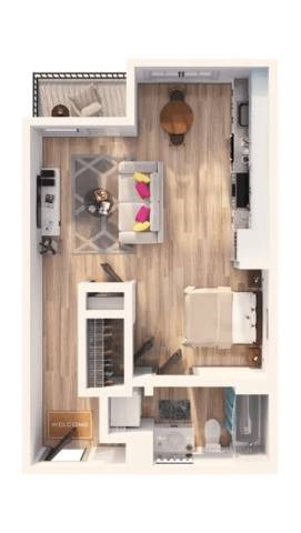 A dollhouse kitchen with a white fridge, microwave, and oven.