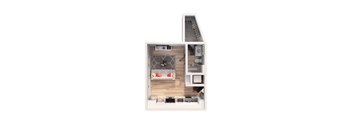 A dollhouse with a white exterior and interior, featuring a living room, kitchen, and staircase.