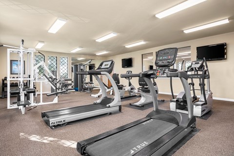 A gym with treadmills, elliptical machines, and other exercise equipment.