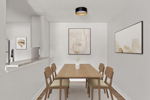 A dining room with a wooden table and chairs.
