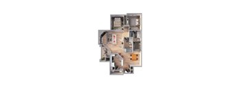 A 3D floor plan of a house with a kitchen, living room, and two bedrooms.