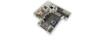 A 3D image of a house layout with a living room, kitchen, and two bedrooms.